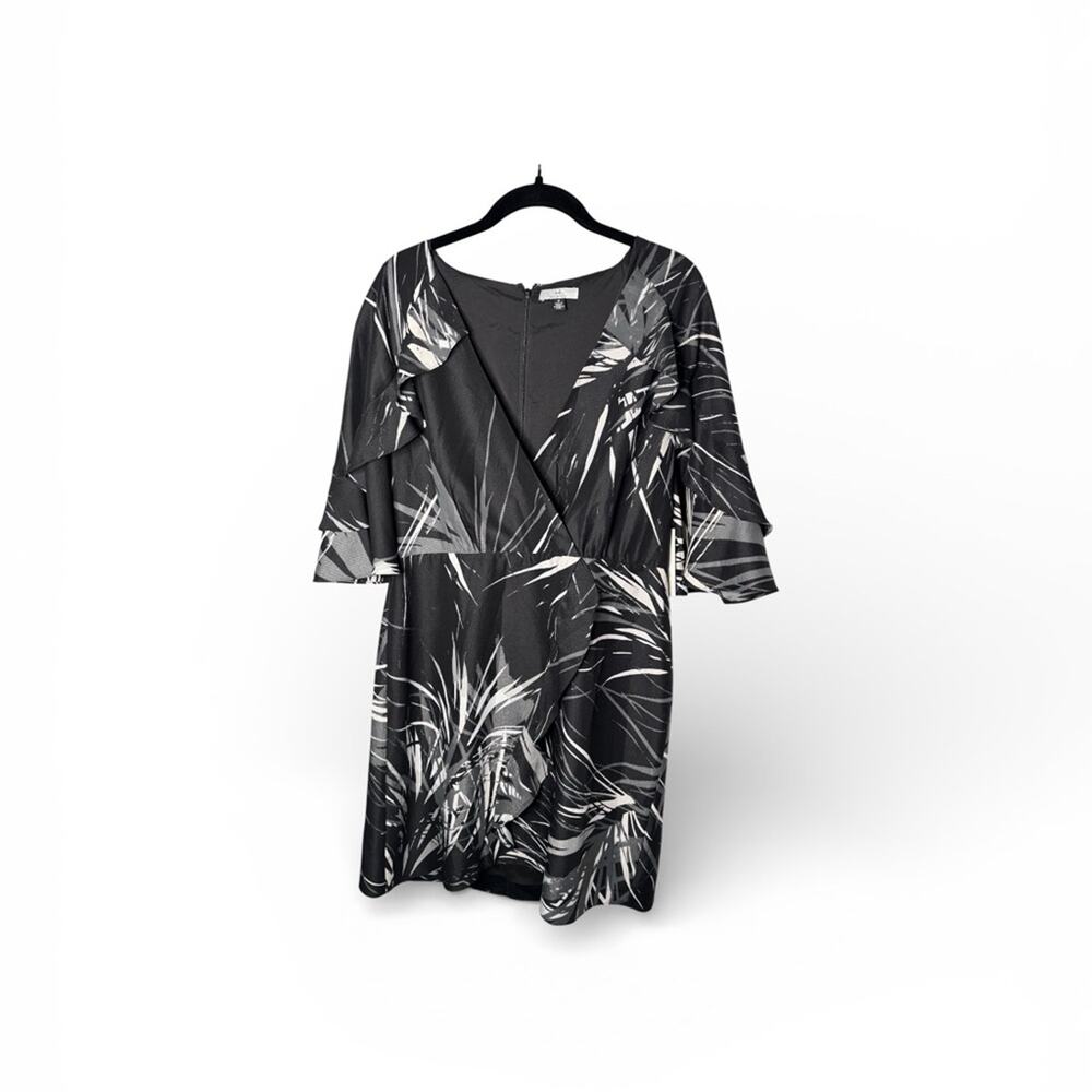Halston Black & White Print Faux Wrap Ruffle Dress Size 10